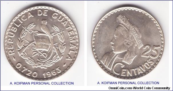 KM-263, 1963 Guatemala 25 centavos; silver, reeded edge; nice uncirculated