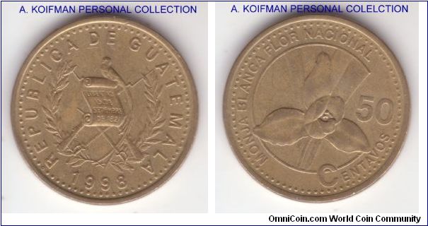 KM-283, 1998 Guatemala 50 centavos; brass, reeded edge; about uncirculated, some bag marks