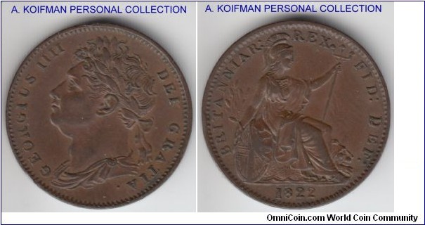 KM-677, 1822 Great Britain farthing, early George IV type; copper, plain edge; uncirculated or almost, dark brown.