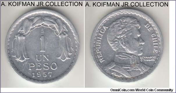 KM-179a, 1957 Chile peso; aluminum, plain edge; nice, about uncirculated but a couple of scratches and bagmarks on reverse, obverse has a piece of extra metal at the top by the rim