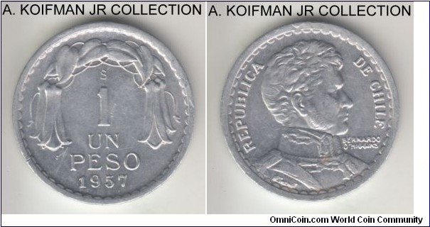 KM-179a, 1957 Chile peso, Santiago mint; aluminum, plain edge; nice, about uncirculated but a couple of scratches and bagmarks on reverse, obverse has a piece of extra metal at the top by the rim.