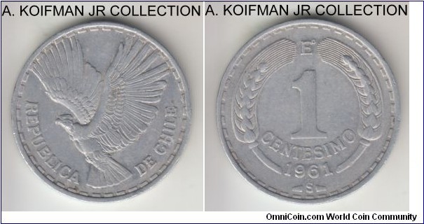 KM-189, 1961 Chile centesimo; aluminum, plain edge; extra fine with some dirt and a rim bump and a nick.