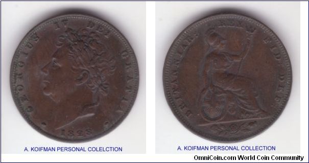 KM-697, 1828 Great Britain farthing, later George IV issue; copper, plain edge; this one look to be good very fine with some dirt but a nice specimen