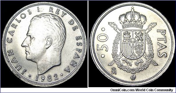 Spain - 50 Pesetas - 1982 - Weight 12,35 gr - Copper / Nickel - Size 30 mm - Regent / Juan Carlos I - Mintage 27 000 000 - Edge : Reeded - Note : Mintamark . Crowned M - Reference KM# 825  (1982-1984)