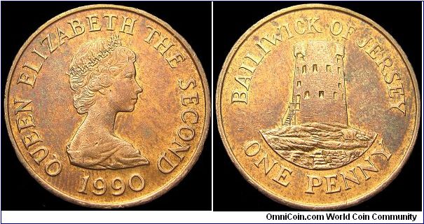 Jersey - 1 Penny - 1990 - Weight 3,55 gr - Bronze - Size 20,32 mm - Ruler / Elizabeth II - Reverse / Le Hocq Watch Tower, St. Clement - Mintage 2 000 000 - Edge : Plain - Reference KM# 54  (1983-1992)