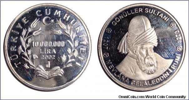 TURKEY (REPUBLIC)~10,000,000 Lira 2002. Poet: Mevlana Celaleddin-I Rumi.