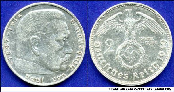 2 Reichsmark.
'G' - Karlsruhe mint.
Mintage 2,305,000 units.


Ag625f. 8,0gr.