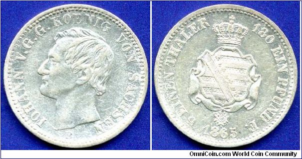 1/6 Thaler.
Kingdom of Saxony.
King Ioann (1854-1873) von Sachsen.
Mintage 683,000 units.


Ag520f. 5,34gr.