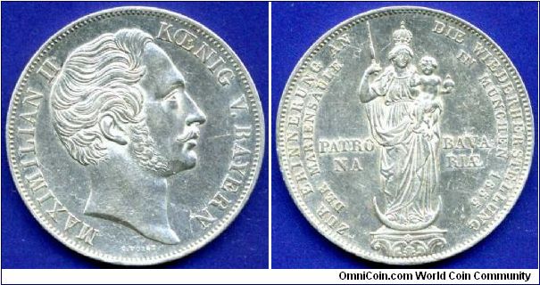 2 Gulden.
Kingdom of Bavaria.
Restoration of Madonna Column in Munich.
Maximilian II (1848-1864).
Mintage 1,000,000 units.


Ag900f. 21,21gr.