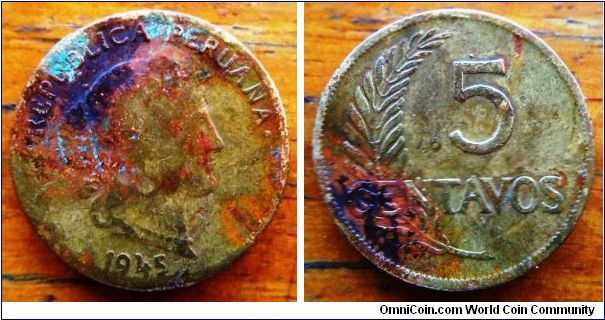 1945 Peruana 5 centavo coin, 17.3mm diameter, brass, in VG except still in  uncleaned condition with green oxidation at the Obv. One of my gavorite coins