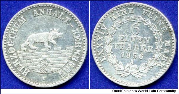 1/6 Thaler.
Anhalt-Bernburg.
Alexander-Karl (1834-1863).
Mintage 60,000 units.


Ag520f. 5,34gr.