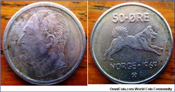 Norge 50 ore coin 1969 22mm diameter.
Nice looking husky sled dog