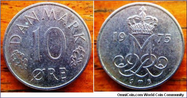 Denmark 1975 10ore white metal coin, 18mm diameter