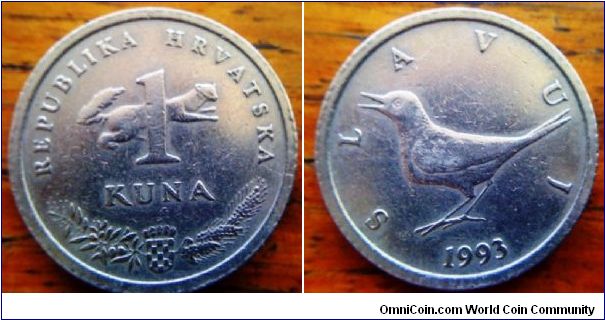 1993 Croatia 22.5mm diameter coin with nice singing bird at 1 kuna denomination