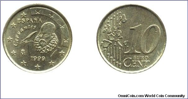Spain, 10 cents, 1999, Cu-Al-Zn-Sn, 19.75mm, 4.1g, Cervantes                                                                                                                                                                                                                                                                                                                                                                                                                                                        