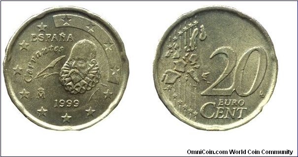 Spain, 20 cents, 1999, Cu-Al-Zn-Sn, 22.25mm, 5.74g, Cervantes.                                                                                                                                                                                                                                                                                                                                                                                                                                                      