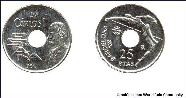 Spain, 25 pesetas, 1991, Ni-Bronze, holed, King Juan Carlos I, Summer Olympic Games Barcelona, 1992, High jumper.                                                                                                                                                                                                                                                                                                                                                                                                   