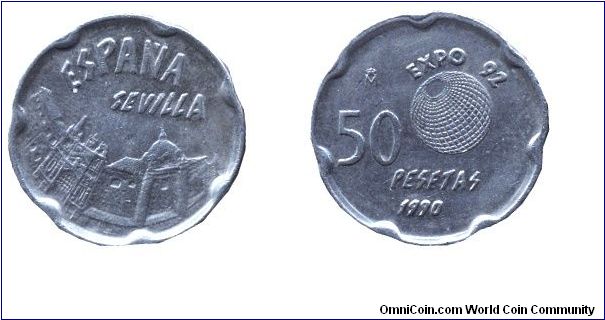 Spain, 50 pesetas, 1990, Cu-Ni, Expo Sevilla '92.                                                                                                                                                                                                                                                                                                                                                                                                                                                                   