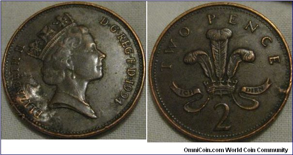 1994 2p aEF, interesting lump of metal on obverse