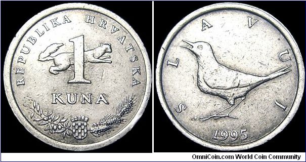 Croatia - 1 Kuna - 1995 - Weight 5,0 gr - Copper / Nickel - Size 22,5 mm - President / Franjo Tudman - Reverse / Nightingale - Designer / Kusma Kovacic - Mintage 32 707 000 - Edge : Reeded - Reference KM# 9.1  (1993-1997)