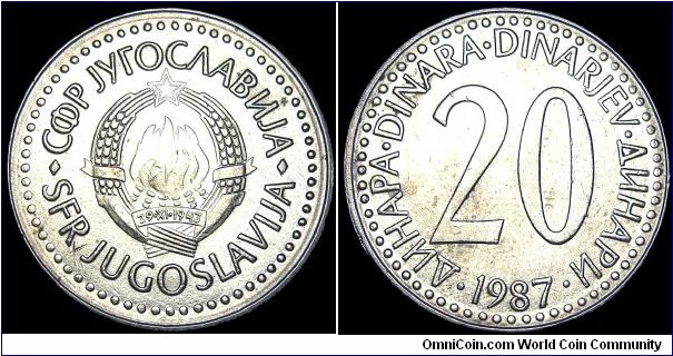 Yugoslavia -20 Dinara - 1987 - Weight 6,5 gr - Copper / Nickel / Zink - Size 25 mm - Mintage 39 514 000 - Edge : Milled - Reference KM# 112  (1985-1987)