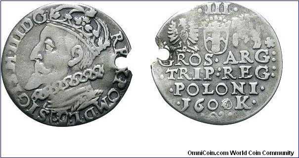 silver 3 groschen struck in 1600 for Sigismund III. Damaged, but still a nice portrait coin.