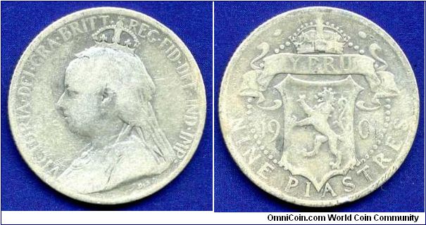 9 piastres.
Victoria (1837-1901) Queen.
Mintage 600,000 units.


Ag925f. 5,65gr.
