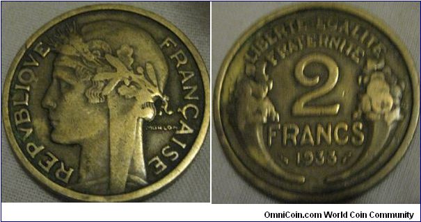 1933 2 francs, fine grade