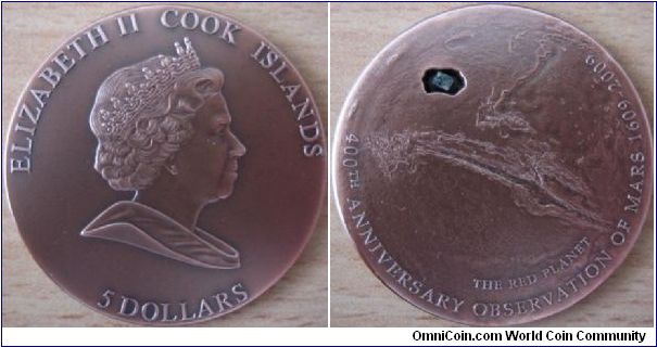 5 Dollars - 400th anniversary of the observation of Mars - 25 g Ag .925 (copper plated) with piece of Mars meteorite - mintage 2,500