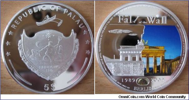 5 Dollars - 20 years of the fall of Berlin wall - 25 g Ag .999 Proof (with piece of Berlin wall) - mintage 2,009