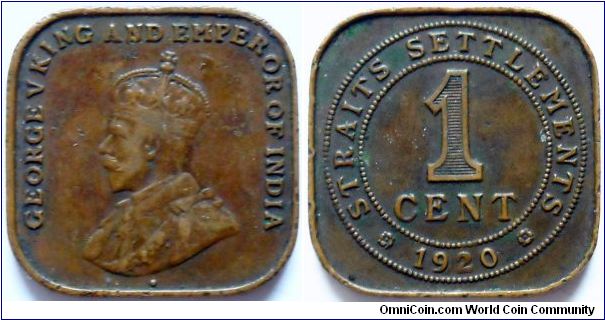 1 cents.
1920, British Straits Settlements. King George V