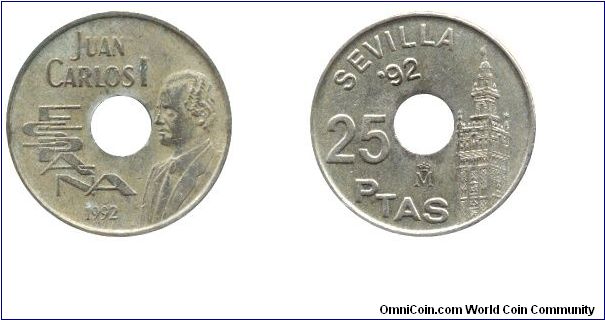 Spain, 25 pesetas, 1992, Al-Bronze, 19.5mm, 4.25g, holed, Expo Sevilla, '92, King Juan Carlos I.                                                                                                                                                                                                                                                                                                                                                                                                                    
