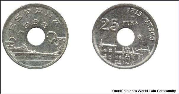 Spain, 25 pesetas, 1993, Al-Bronze, 19.5mm, 4.25g, holed, Pais Vasco.                                                                                                                                                                                                                                                                                                                                                                                                                                               
