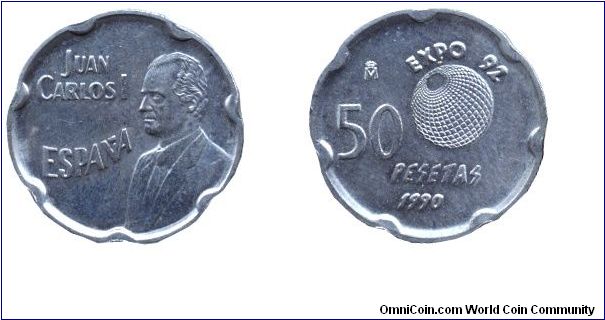Spain, 50 pesetas, 1990, Cu-Ni, 20.5mm, 5.6g, unusual shape, Expo '92 Sevilla, King Juan Carlos I.                                                                                                                                                                                                                                                                                                                                                                                                                  
