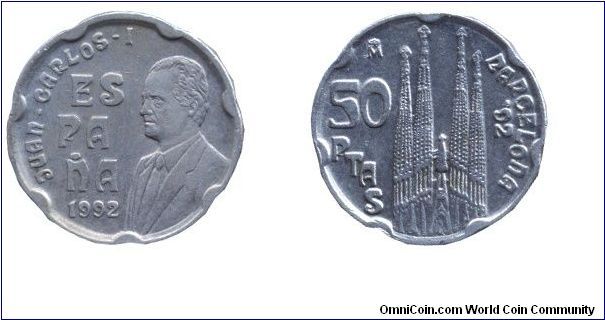 Spain, 50 pesetas, 1992, Cu-Ni, 20.5mm, 5.6g, Sagrada Familia, Summer Olympic Games Barcelona '92, King Juan Carlos I.                                                                                                                                                                                                                                                                                                                                                                                              
