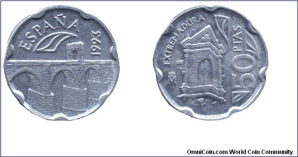Spain, 50 pesetas, 1993, Cu-Ni, 20.5mm, 5.6g, unusual shape, Extremadura, King Juan Carlos I.                                                                                                                                                                                                                                                                                                                                                                                                                       