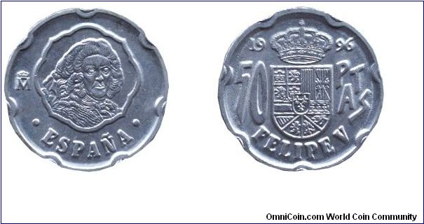 Spain, 50 pesetas, 1996, Cu-Ni, 20.5mm, 5.6g, unusual shape, King Felipe V, King Juan Carlos I.                                                                                                                                                                                                                                                                                                                                                                                                                     