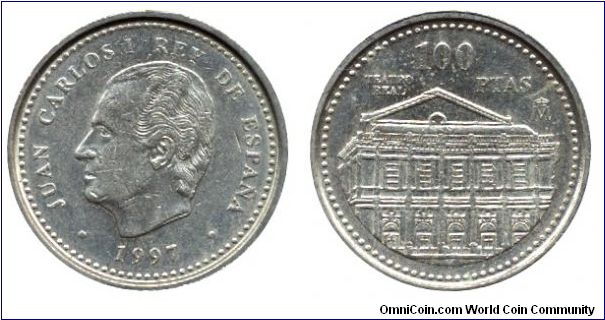 Spain, 100 pesetas, 1997, Al-Bronze, 24.5mm, 9.25g, Teatro Real, Juan Carlos I Rey de Espana.                                                                                                                                                                                                                                                                                                                                                                                                                       
