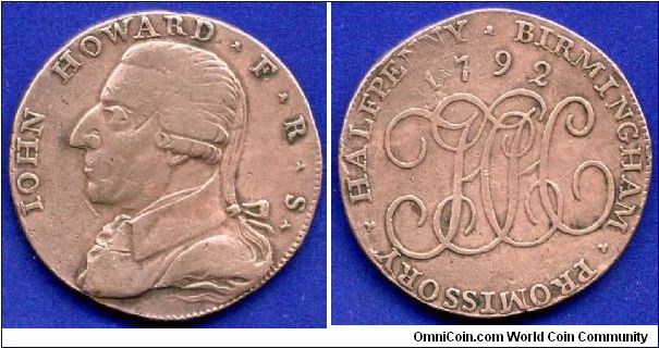 Half Penny Token.
Birmingham.
Legend on edge: PAVABLE AT AHICKMANS*WAREHOUSE BIRMINGHAM.


Cu.