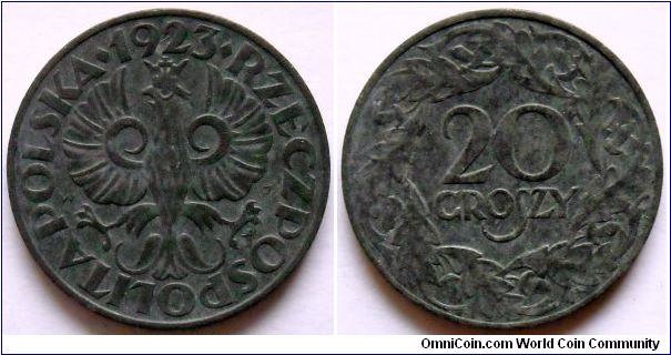 20 groszy. Zinc.
WW II German occupation. Issued for General Government. Weight 2,97g. Diameter 20mm. Mintage 40.025.000 units. Struck in 1941-1944 
using the original dies from 1923.