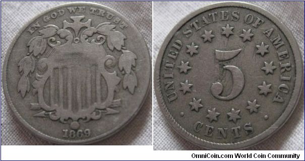 1869 5 cents, aFine grade