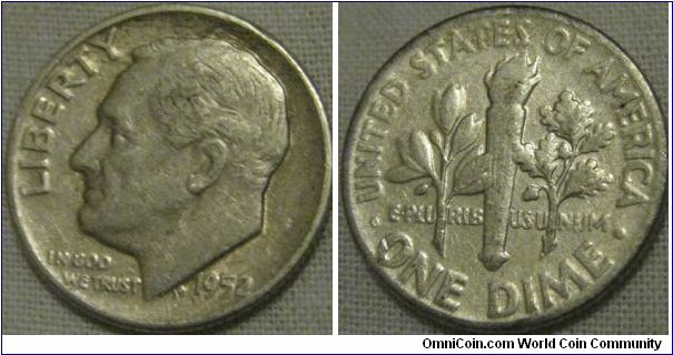 1952 dime, VF grade possible light strike