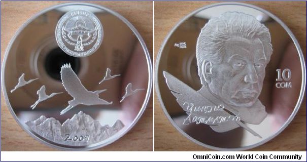 10 Som - Chingiz Aitmatov - 28.28 g Ag .925 Proof - mintage 2,000