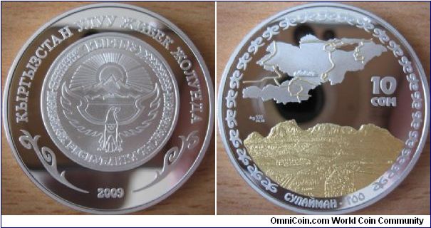 10 Som - Sulayman mountain - 28.28 g Ag .925 Proof (partially gold plated) - mintage 1,500