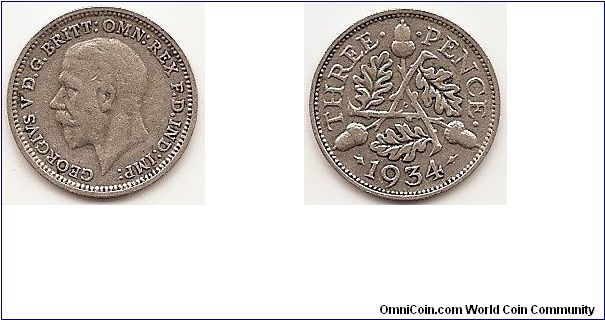 3 Pence
KM#831
1.4138 g., 0.5000 Silver 0.0227 oz. ASW, 16 mm. Ruler: George V Obv: Head left Rev: Three oak leaves and acorns divided