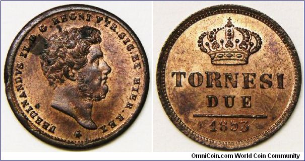 Italian States Naples & Sicily Due (2) Tornesi, Red & Brown BU. Splendid example. Rare this fine.