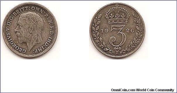 3 Pence
KM#813a
1.4138 g., 0.5000 Silver 0.0227 oz. ASW, 16 mm. Ruler: George V Obv: Head left Rev: Crowned denomination divides date within oak wreath