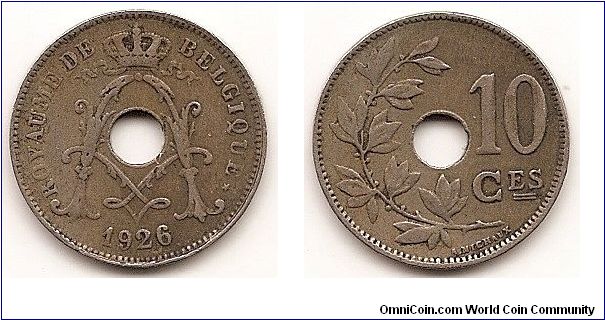 10 Centimes
KM#85.1
Copper-Nickel, 22 mm. Obv: Center hole within crowned monogram, date below, legend in French Obv. Leg.: BELGIQUE Rev: Spray of leaves to left of center hole, denomination to right