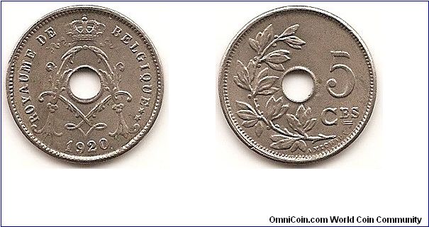 5 Centimes
KM#66
Copper-Nickel Obv: Center hole within crowned monogram,date below,legend in French Obv. Leg.: BELGIQUE Rev: Spray of leaves to left of center hole, denomination to right