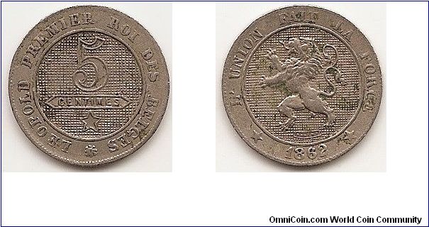 5 Centimes
KM#21
Copper-Nickel Ruler: Leopold I Obv: Denomination and star within shaded circle Obv. Leg.: LEOPOLD PREMIER ROI DES BELGES Rev: Rampant lion left within circle Rev. Leg.: L'UNION FAIT LA FORCE